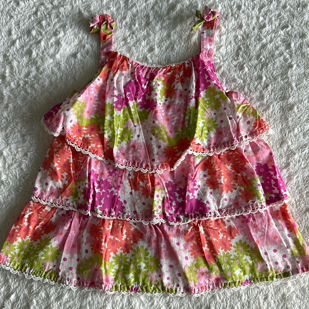 Mini Boden girls size 8-9 sleeveless floral ruffle summer shirt lace trim cute